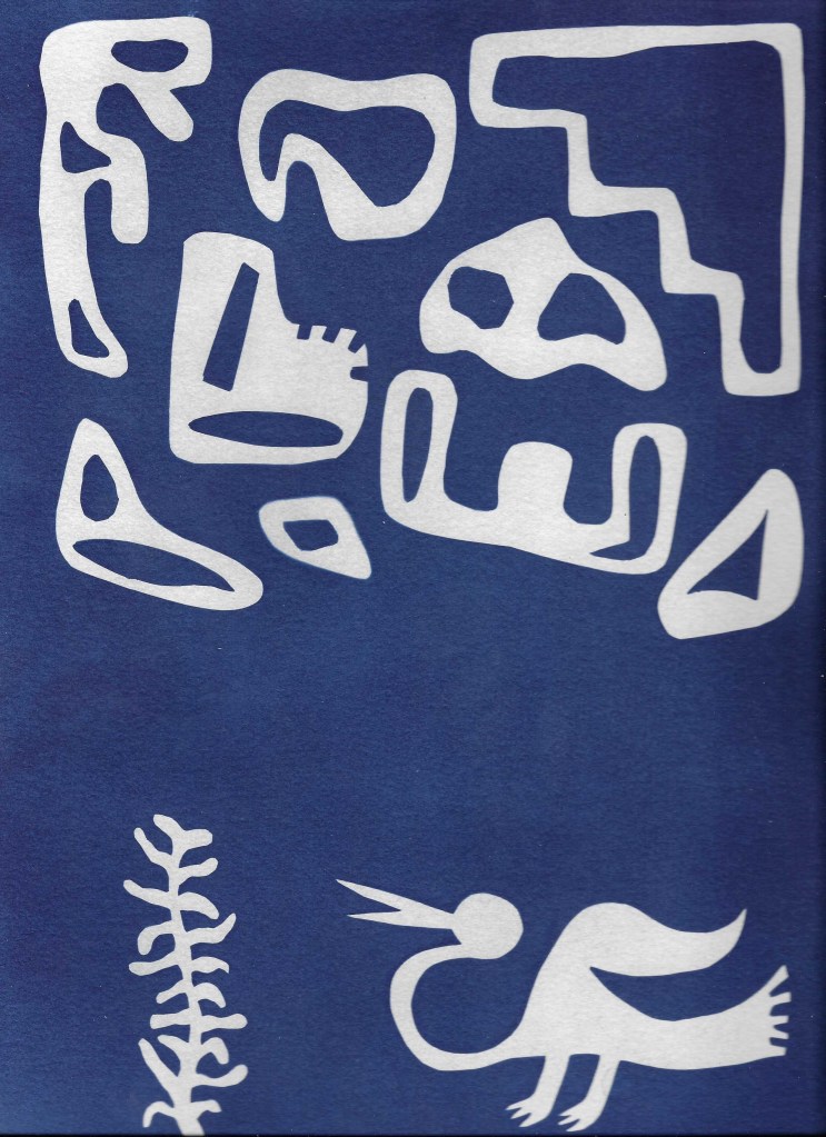 Deep blue cyanotype print. Upper half of the composition contains abstracted organic shapes. Lower half of the composition has a plant shape to the left and a bird figure to the right.