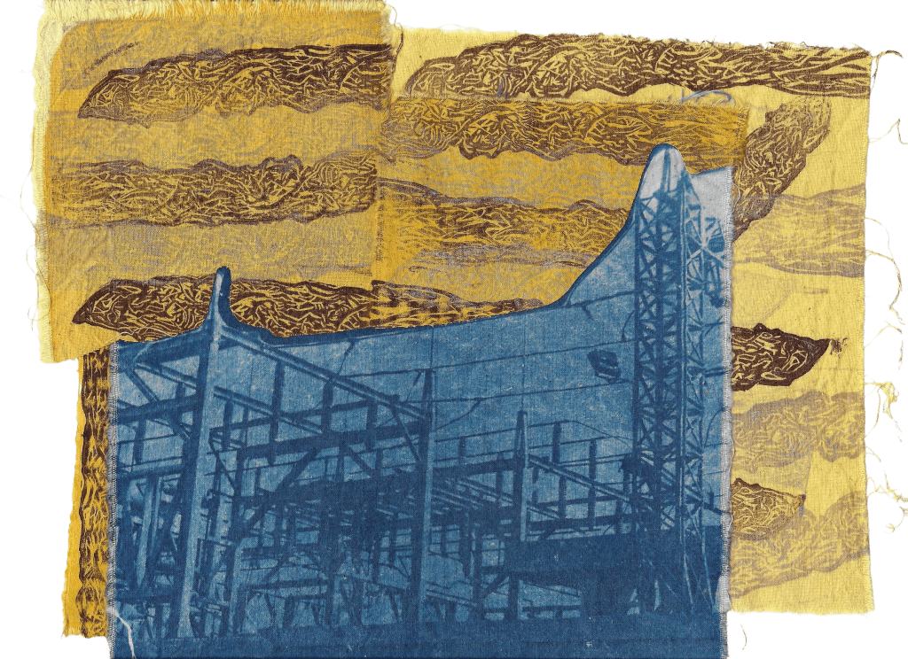 Deep blue cyanotype print on cotton muslin fabric of a power grid. Background is yellow muslin fabric with deep brown relief prints of abstract forms.